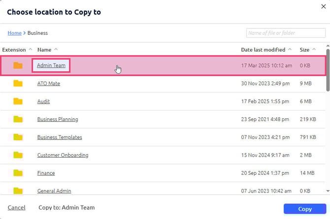Copy modal - folder selected