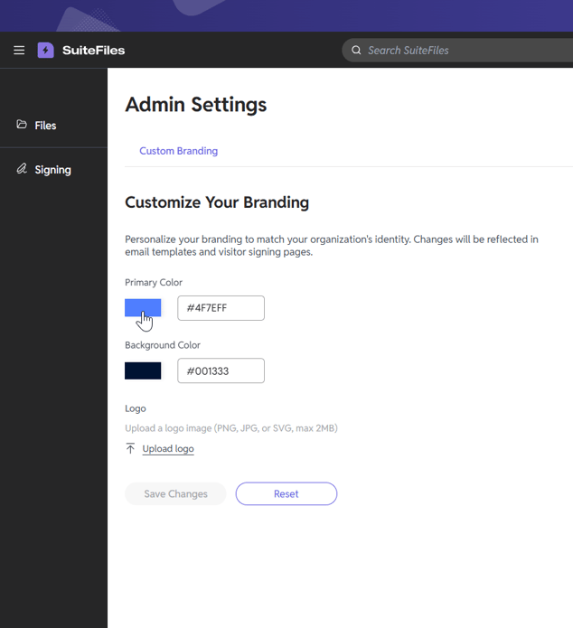 New Signing Custom Branding Change Primary Colour