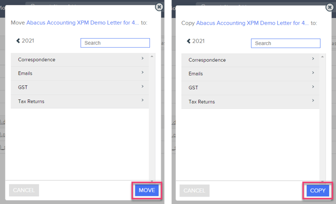 Move Copy Modals