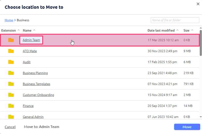 Move modal - folder selected