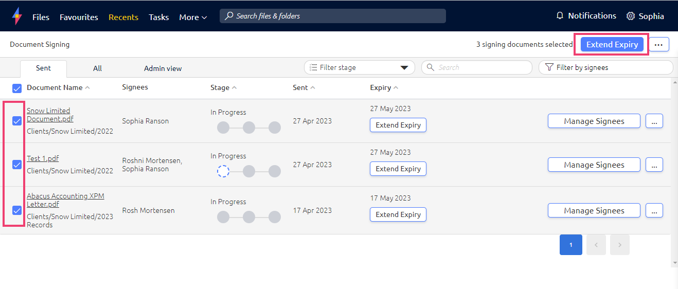 How do I extend the expiry on signing documents?
